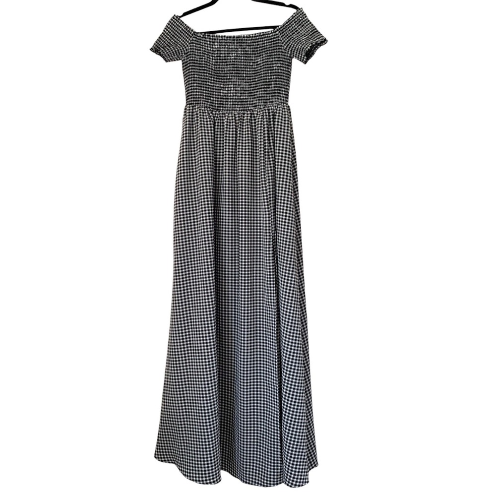 Lulus Patsy Gingham Maxi Dress Women M Black White Smocked Off Shoulder Picnic